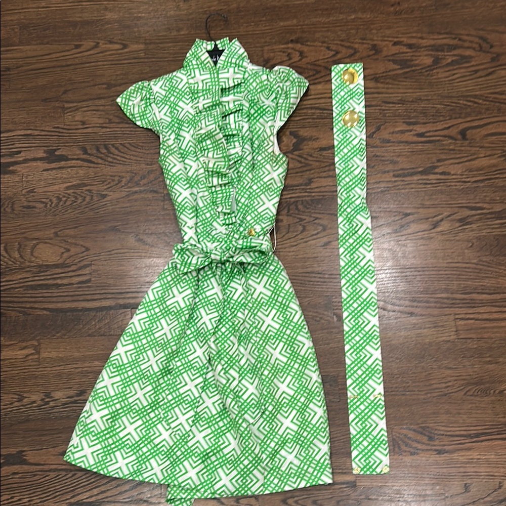 Elizabeth McKay Green & White Patterned Dress with Belt & additional waist band